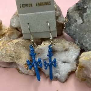Blue skull sword dangling earrings